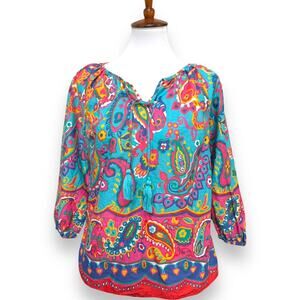 🍀Talbots Colorful Paisley Cotton Blouse Tassel Neck Boho Lightweight Size Small